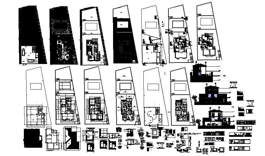 Bungalow plan with elevation and section in dwg file