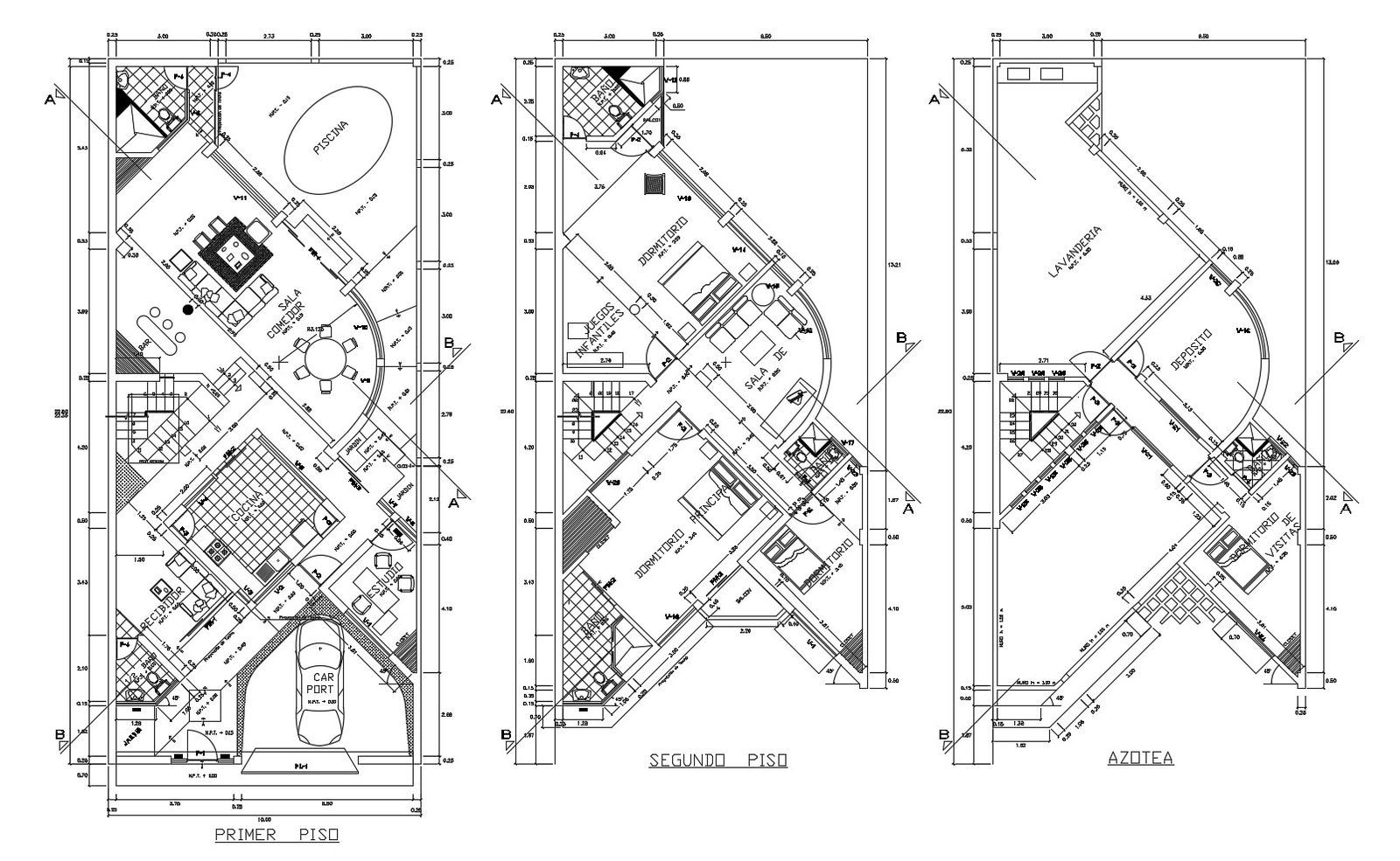 Bungalow plan10.00mtr 22.60mtr with furniture details in dwg file