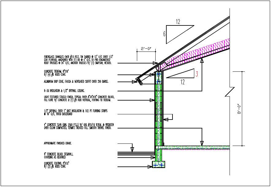 Bungalow section view of roof and side column detail dwg file