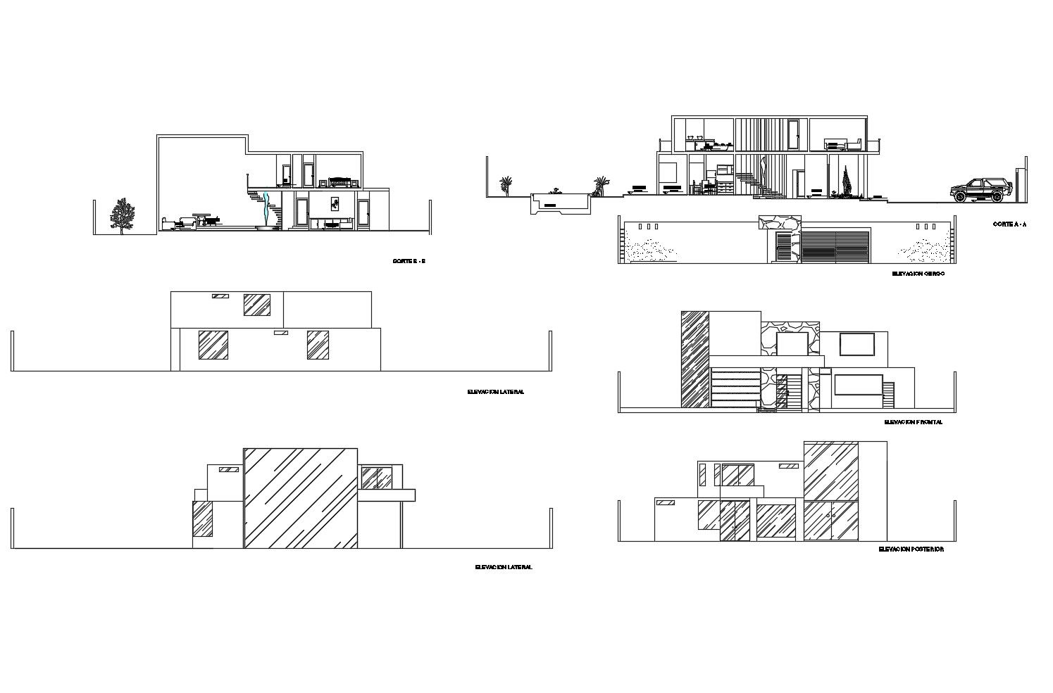 Bungalow with elevation and section in dwg file