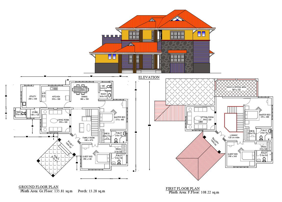 Bungalow Architecture Layout plan And Front Elevation Design Download DWG File