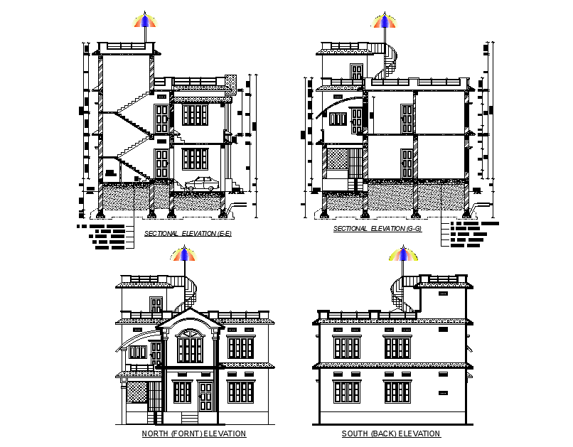Bungalow exterior elevation detail drawing specified in this AutoCAD file. Download the AutoCAD file.
