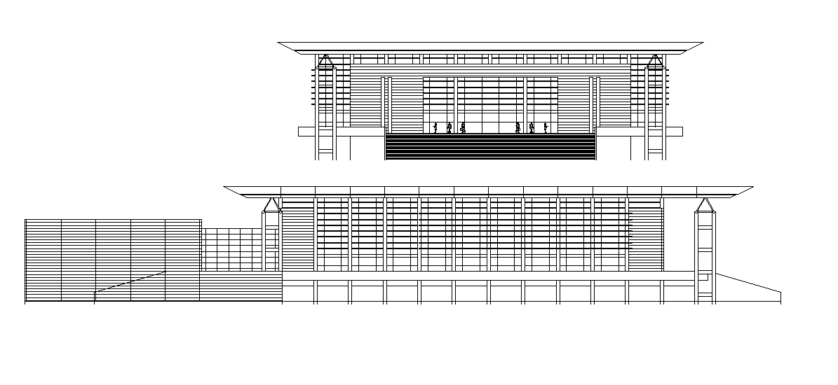 Bungalow exterior elevation detail is presented in this cad drawing file. Download this 2d AutoCAD drawing file.