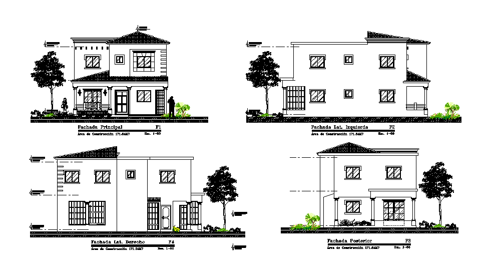 Bungalow exterior elevation separated in this cad drawing file. Download this 2d AutoCAD drawing file.