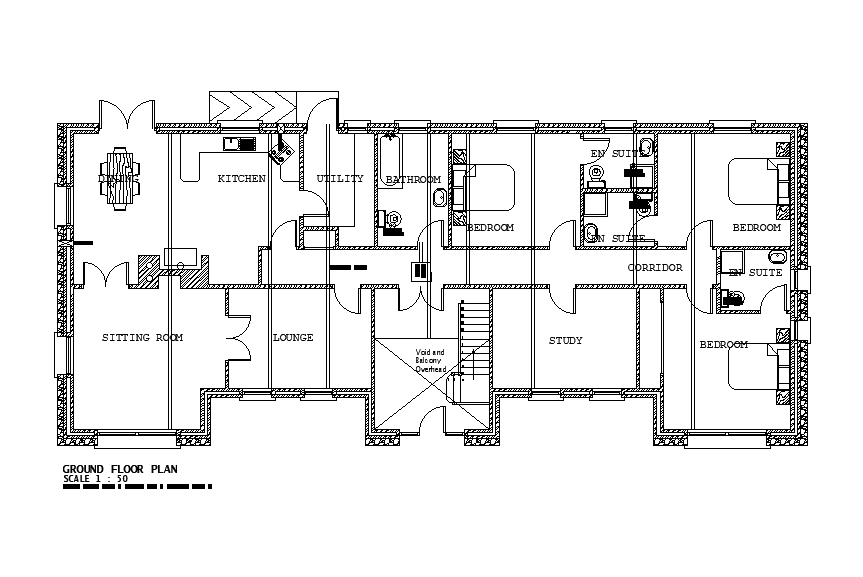 Bungalow floor plan detail presented in this AutoCAD drawing file. Download the AutoCAD drawing file.