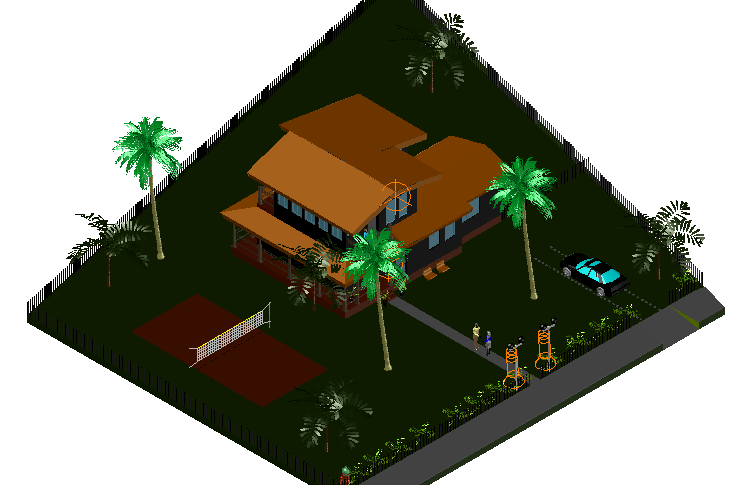 Bungalows architectural view in 3d dwg file