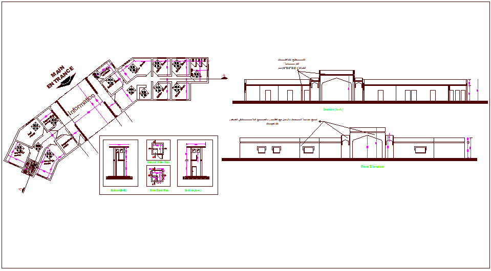 Bungalows elevation and section view with plan dwg file