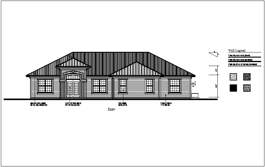 Bungalows front elevation with wall legend dwg file