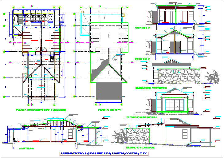 Bungalows of beach area plan,ceiling plan,elevation and section view dwg file