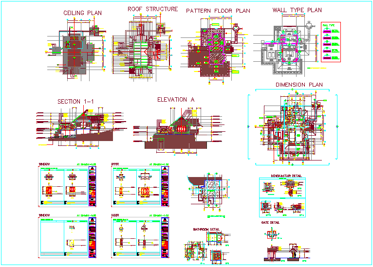 Bungalows plan,elevation and section view with door and stair detail dwg file