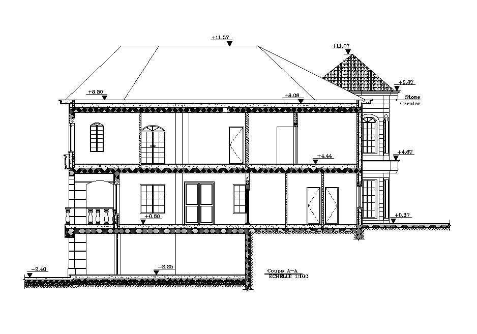 Bungalow sectional elevation detail separated in this cad drawing file. Download the AutoCAD drawing file.