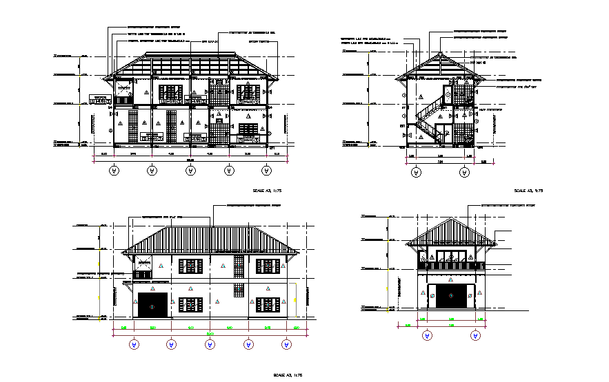 Bungalow sectional elevation detail stated in this cad drawing file. Download 2d autocad drawing file.