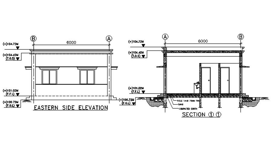 Bunglow eastern side elevation drawing specified in this AutoCAD drawing file. Download this 2d AutoCAD drawing file.
