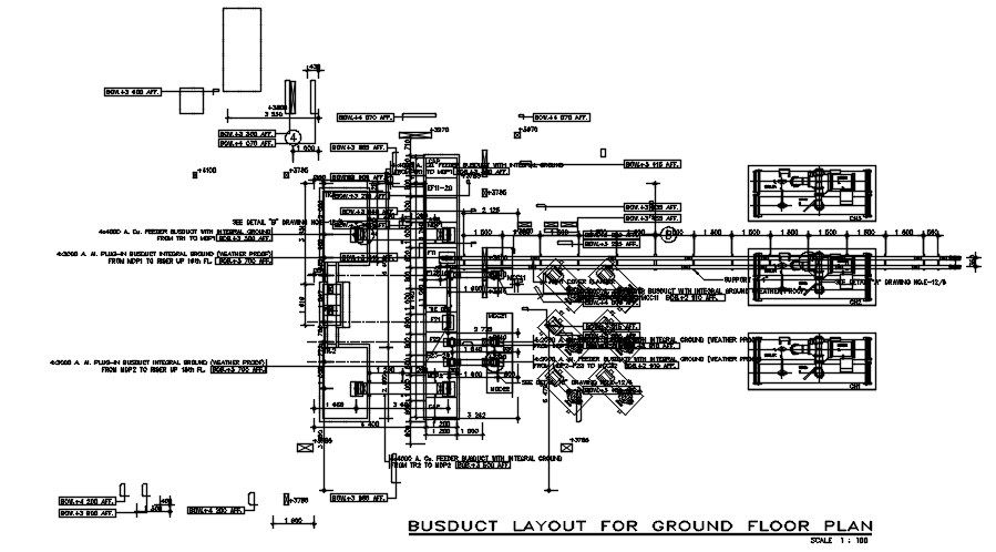 Busduct layout for ground floor plan Section details are given in this 2D AutoCAD DWG drawing. Download the free AutoCAD 2D DWG file.