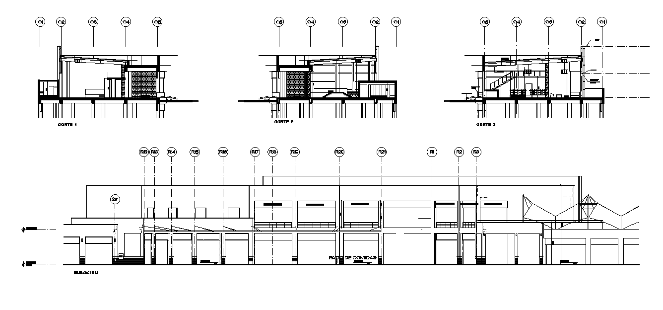 Business Building Section Drawing With Center Line Detail DWG File