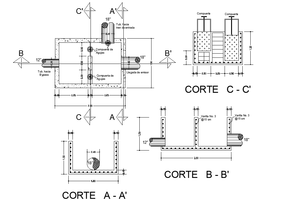 By pass flow tank plan and section dwg file