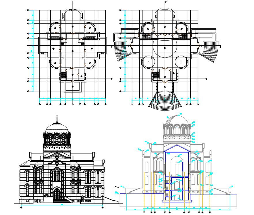 Byzantine Church Plan And Facades Section Drawing DWG File
