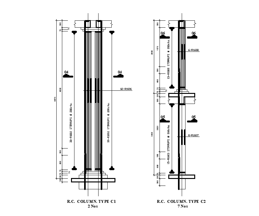 C1 & C2 RC column types are given for 21x15m show room building in this Autocad file.  Download now.