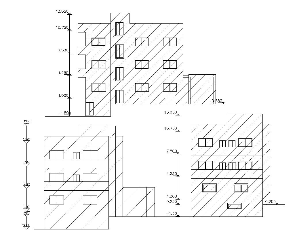 CAD Drawing Of three story House Building And Dimension