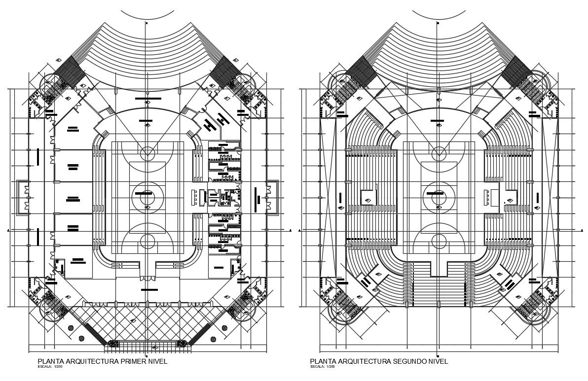 CAD Drawing Two Floor Plans Of Sports Center AutoCAD File