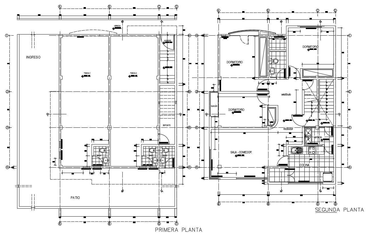 CAD architectural plan of two story residential building dwg file