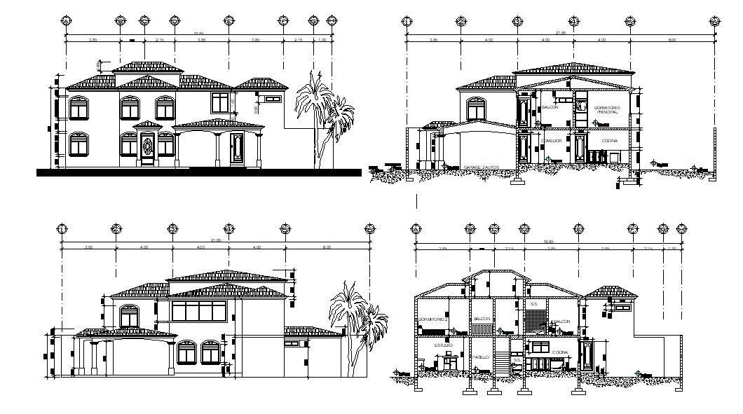 CAD drawing Of Bungalow Facade and Section Design
