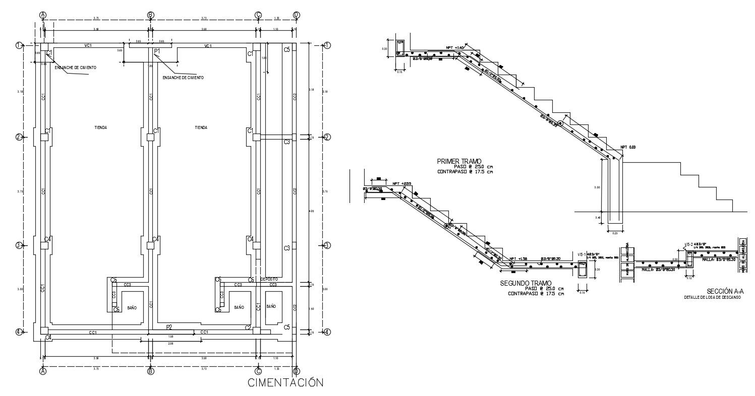 CAD drawings of staircase construction and column details dwg file
