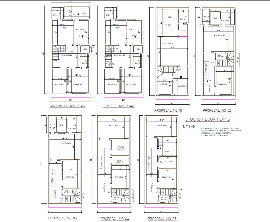 CAD 2D DWG file shows 20'X 45' seven types of single BHK House floor plan AutoCAD DWG file.Download the AutoCAD Drawing file.
