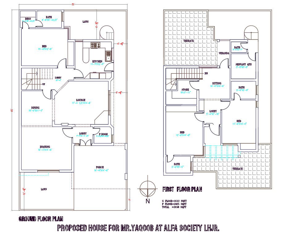 CAD 2D Drawing file shows 35'X65' G+1 House plan 2D DWG file.Download the AutoCAD 2D Drawing file.
