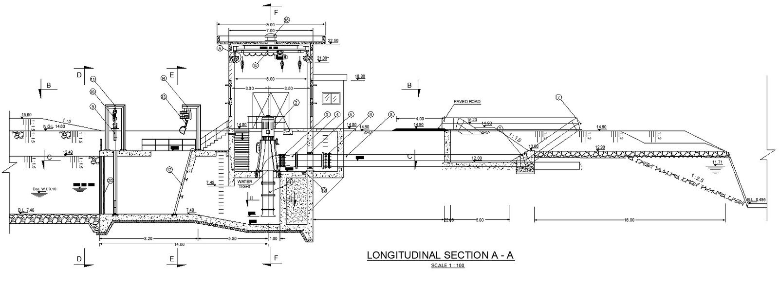 CAD 2D drawing file of the drain connection Longidutinal section drawing. Download the AutoCAD DWG file.