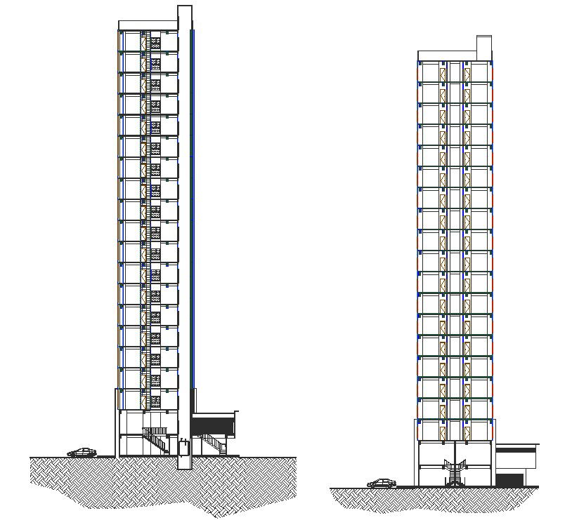 CAD DWG 2D file of the Tall building beautiful elevation and section details. Download the AutoCAD DWG file.