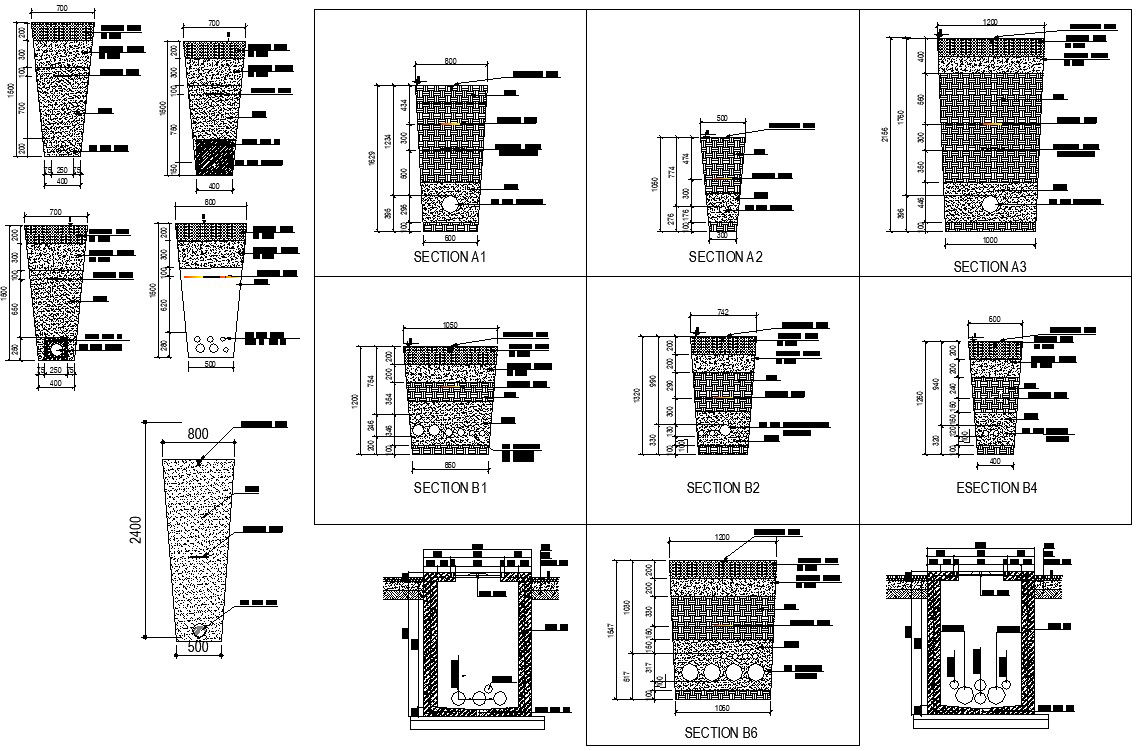 CAD DWG drawing file of the rainwater harvesting sump elevation and section details. Download the AutoCAD 2D DWG file.