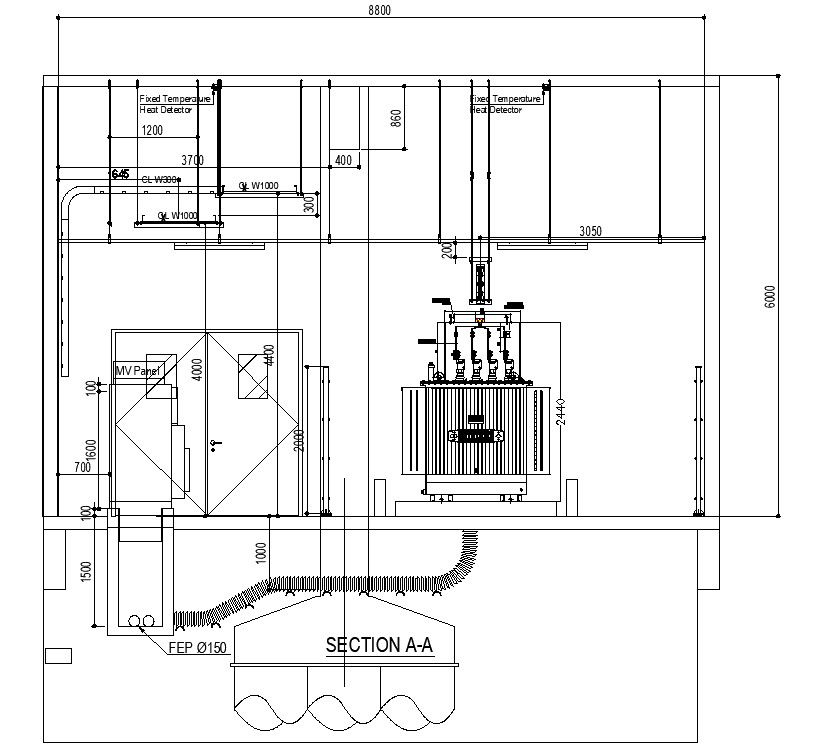 CAD DWG drawing file of the transformer room elevation and section details. Download the AutoCAD DWG file.