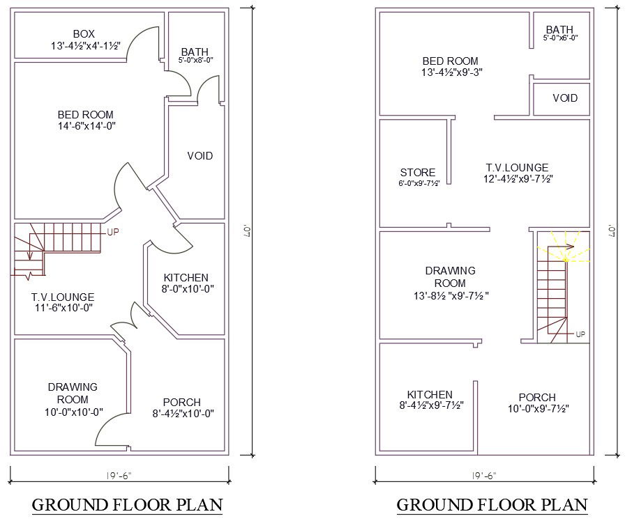 CAD DWG file shows19'6"X 40' two types of single BHK House plan AutoCAD DWG file. Download the AutoCAD Drawing file.
