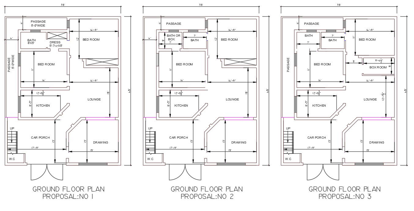 CAD DWG file shows three types of two BHK House plan AutoCAD DWG files.Download the AutoCAD Drawing file.