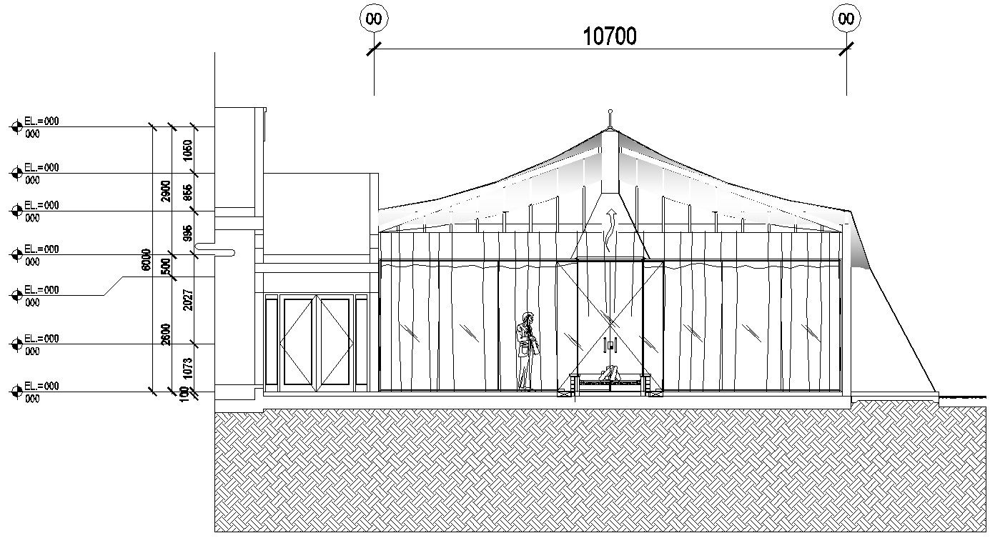 CAD Drawing DWG 2D file of the tent house elevation and section details.Download the AutoCAD DWG file.