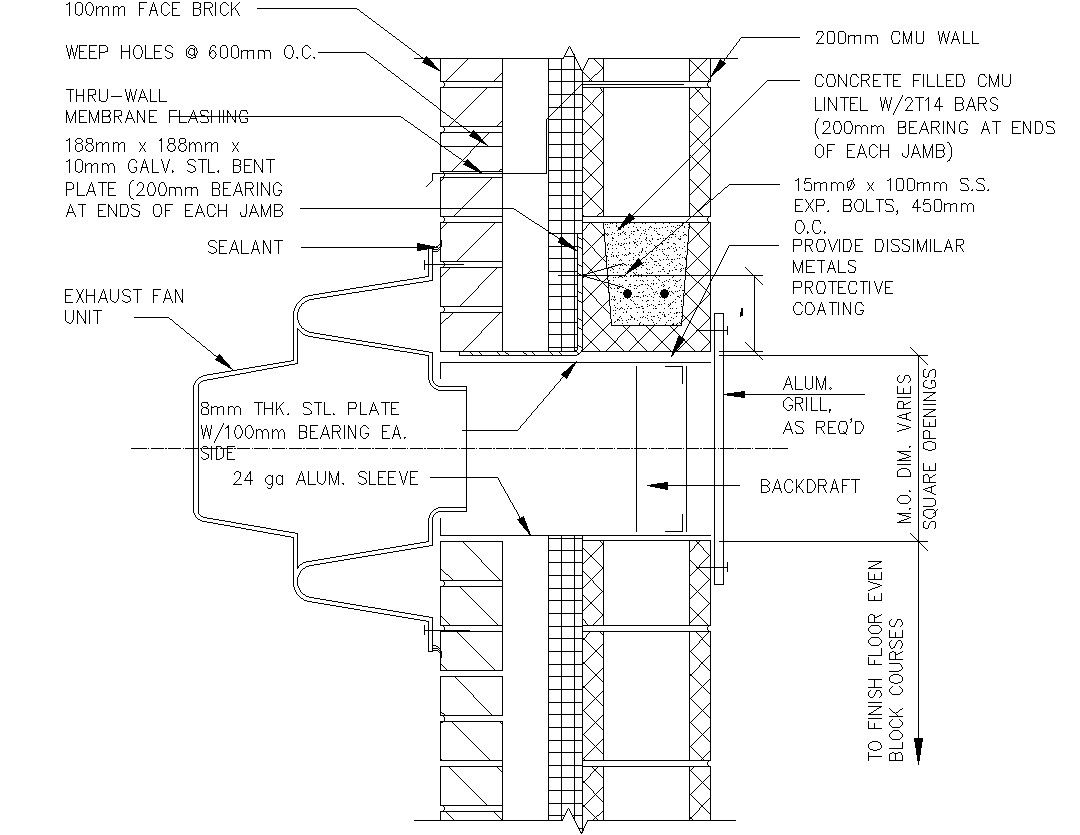 CAD Drawing Detail of Wall Exhaust Fan with CMU Bond Beam Lintel DWG File