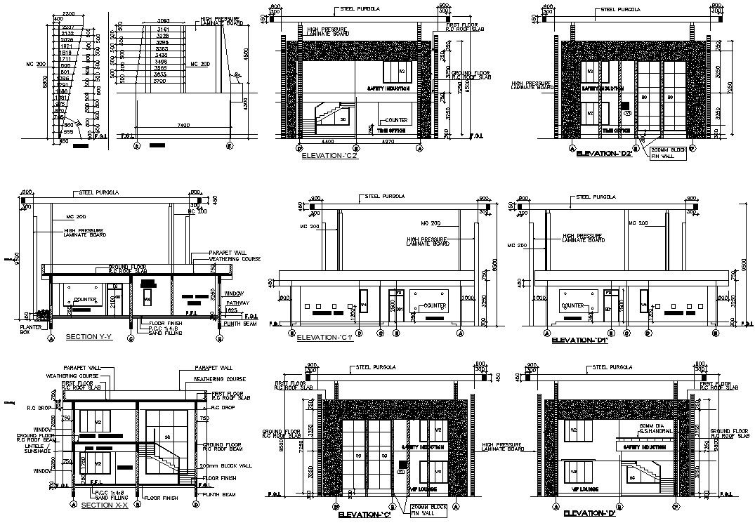 CAD Drawing file of the G+1 office section and elevation plan. Download the AutoCAD DWG file.