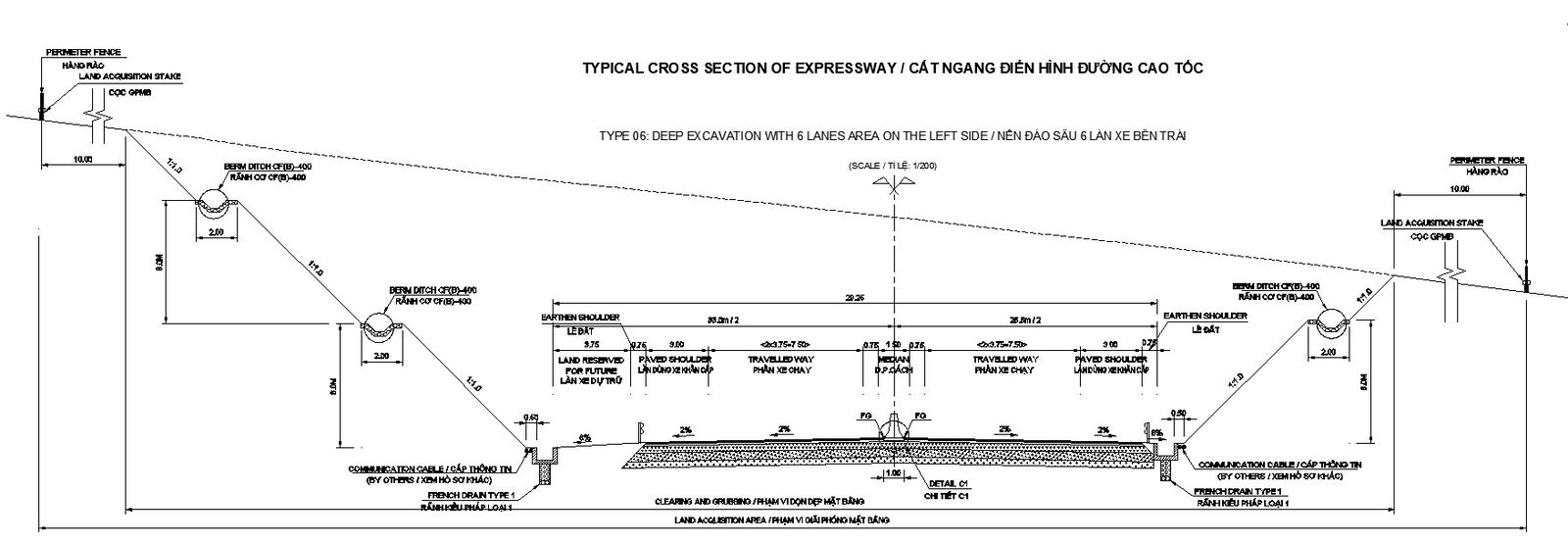 CAD Drawing file of the typical cross-section of Expressway details. Download the AutoCAD DWG file.