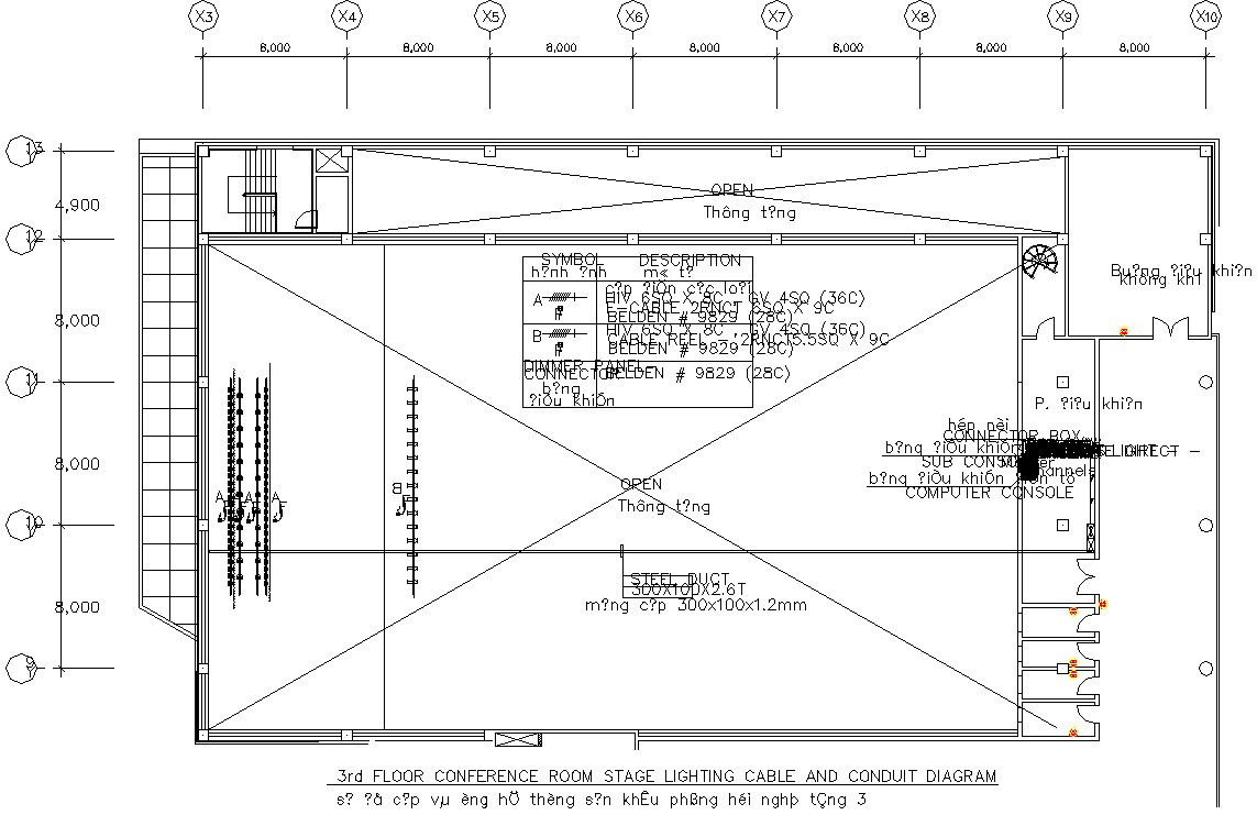 CAD Drawing file showing the details of the Conference room stage and lighting connection details.Download the DWG file.