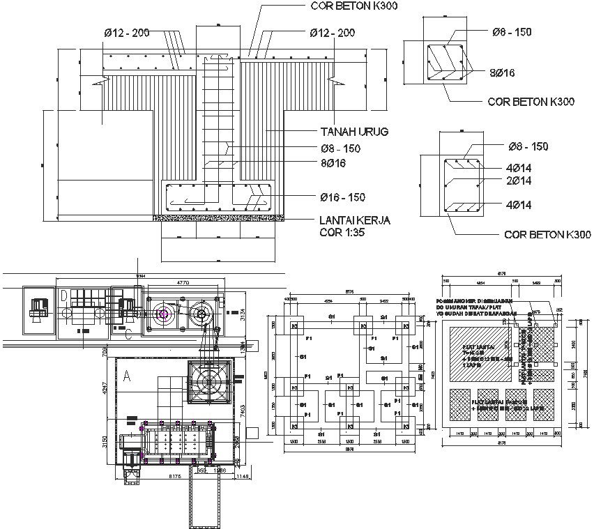 CAD Drawing file showing the details of the Foundation detailed section diagram of the factory machine, Download the AutoCAD DWG file.