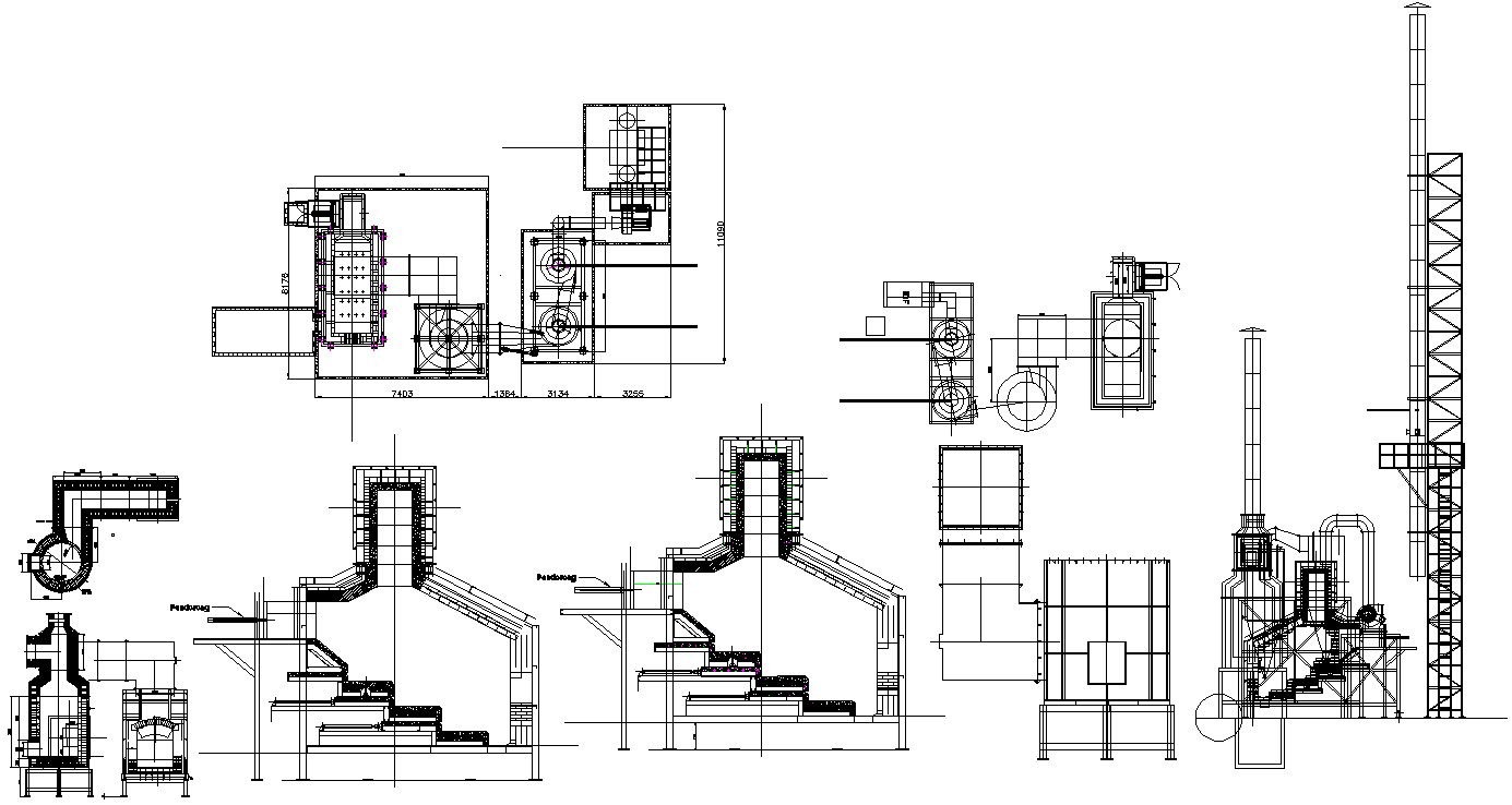 CAD Drawing file showing the details of the section and elevation plan of the factory machine,Download the AutoCAD DWG file.