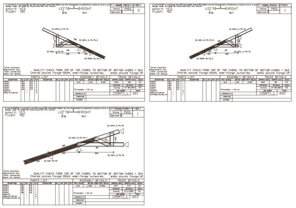 CAD Drawing file showing the details of the three types of roof truss chord and flange section plan.Download the DWG file.