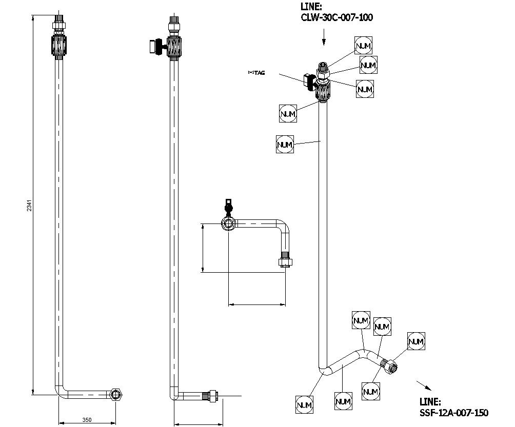 CAD Drawing of Isometric Pipeline Short Fiber Refiner Washing Line in DWG Format