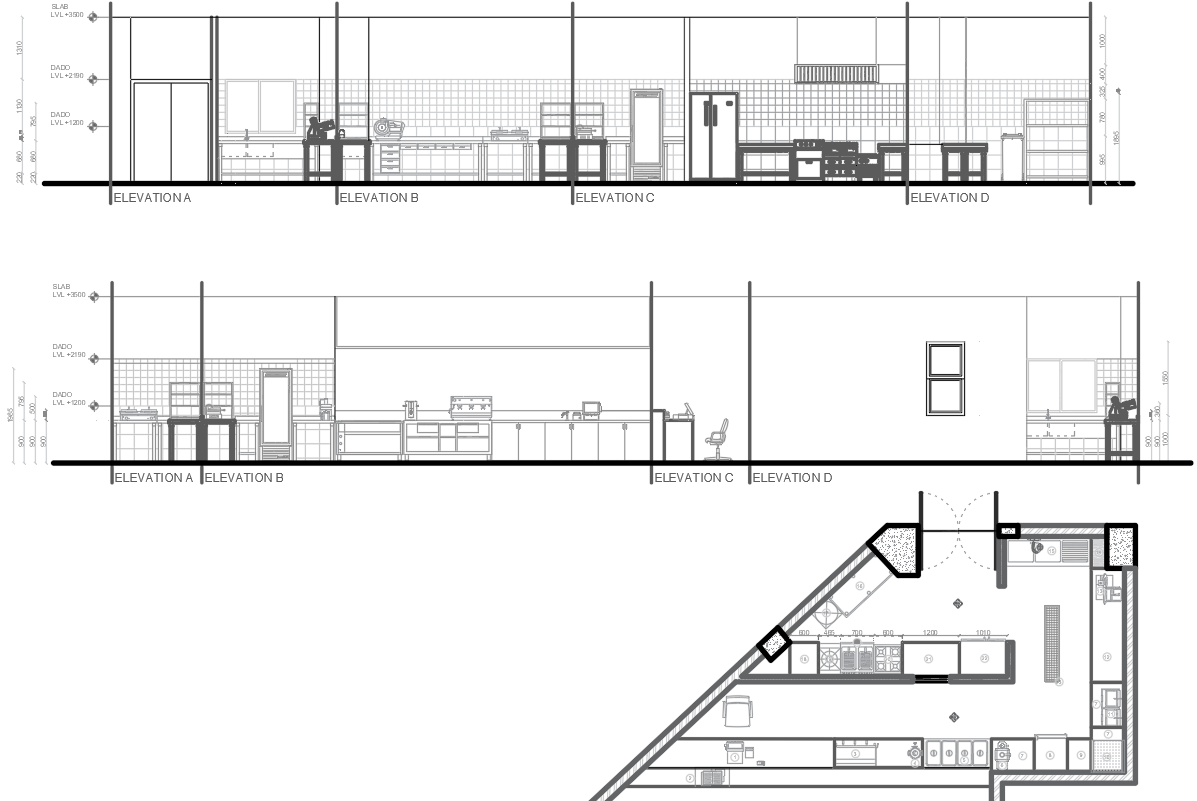 CAD File Of Cafe Kitchen Plan with Detailed Section and Elevation