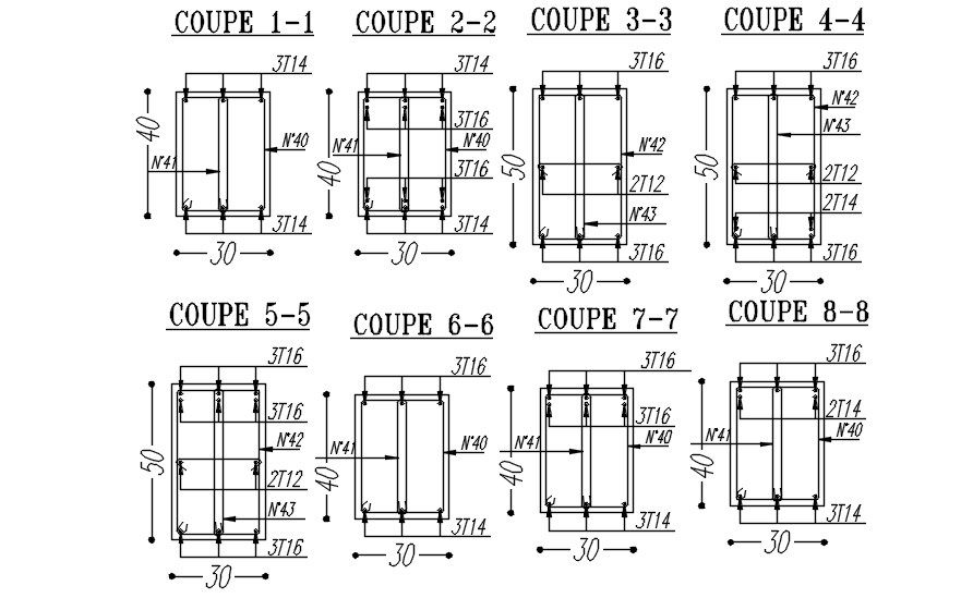 CAD design of beam reinforcement details in AutoCAD 2D drawing, dwg file