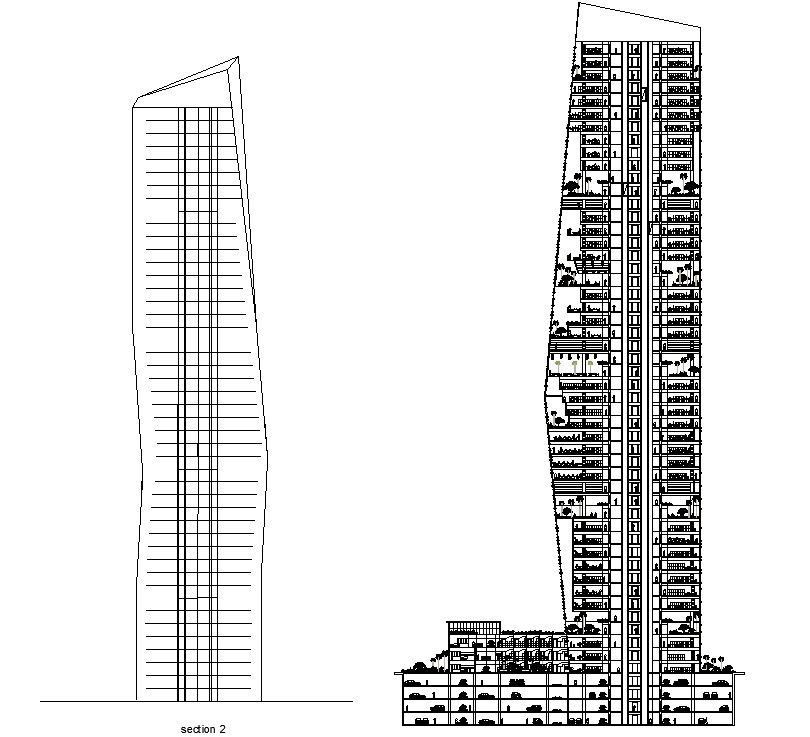 CAD drawing file of the Multi storey Tall building beautiful section and elevation details. Download the AutoCAD DWG file.