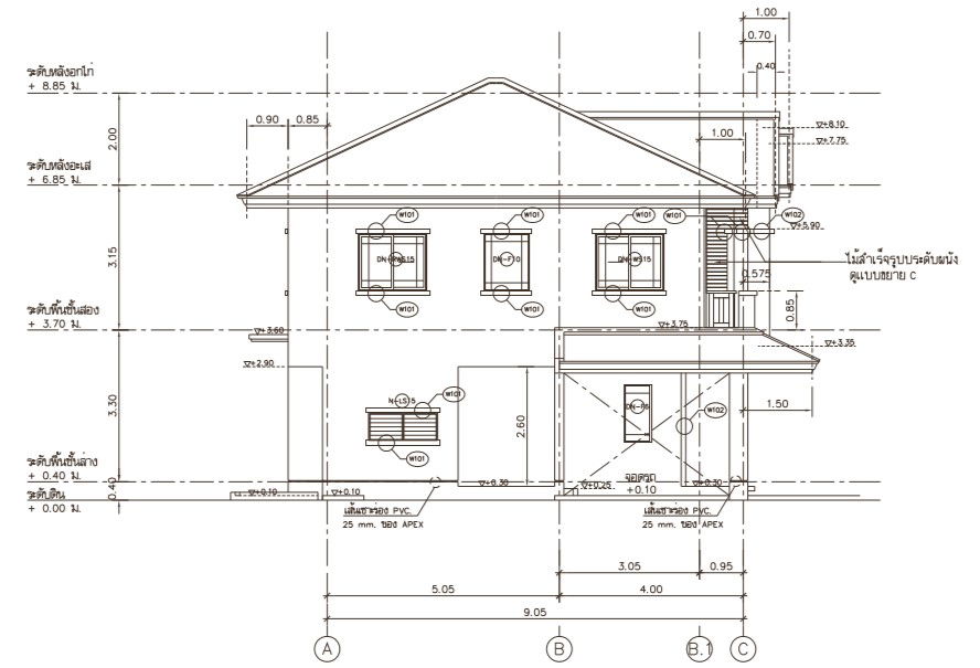 CAD drawing file shows the details of the G+1 triangle top roof house rear view section plan.ownload the DWG file.