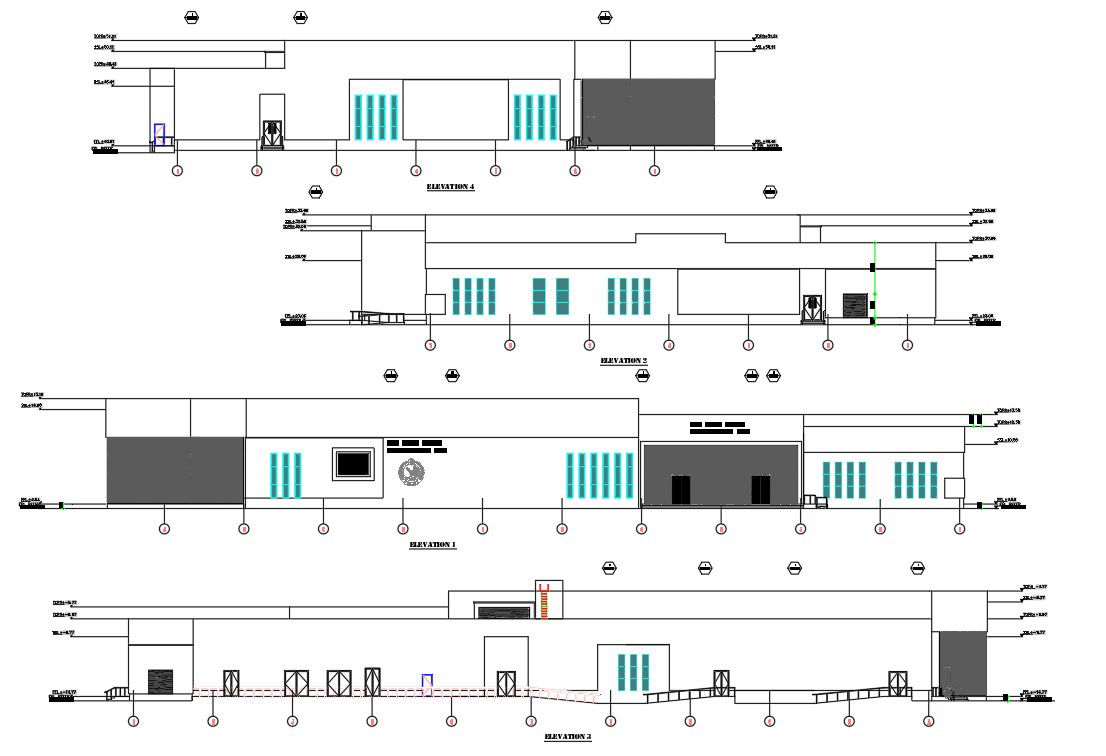 CAD drawing file shows the details of the front, rear and side elevation design of the office building,Download the DWG file.