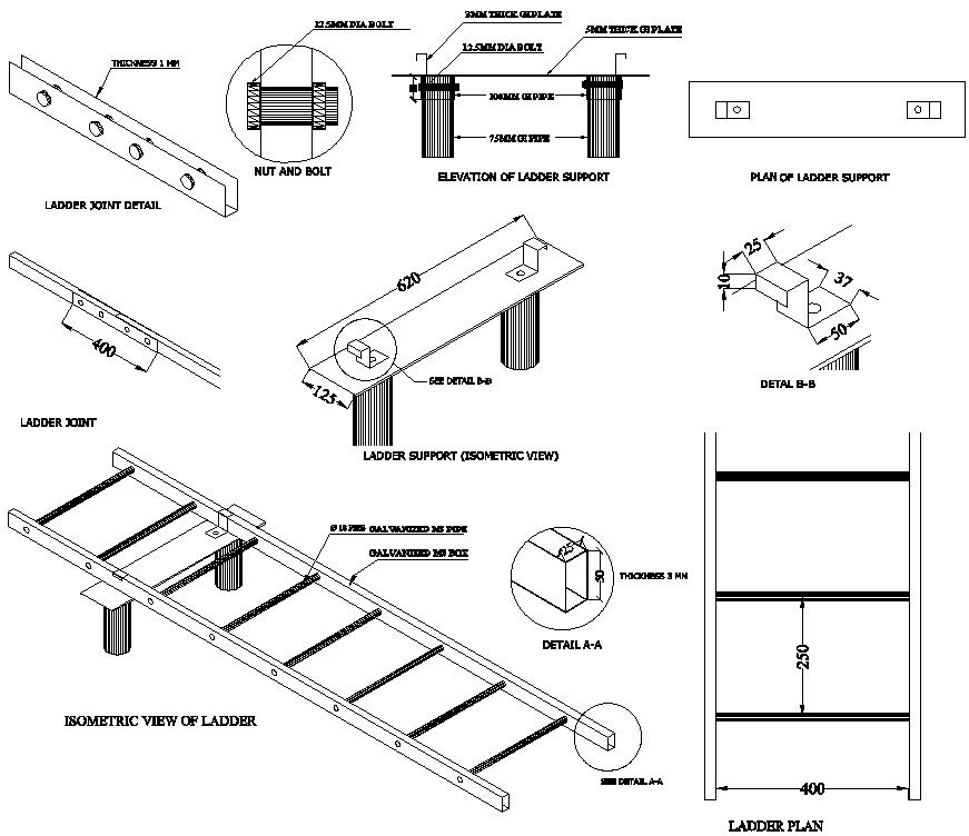 CAD files having the ladder support isometric view, elevation of ladder support and isometric view of the ladder. download the AutoCAD dwg file.